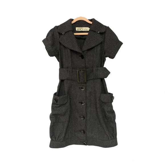 CLEARANCE//Button Wool  Blend Puff Sleeve Belted Y2K Dress - Picture 3 of 11
